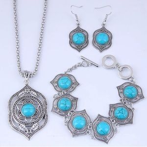Fashion jewelry simple turquoise necklace earrings bracelet & adjustable ring